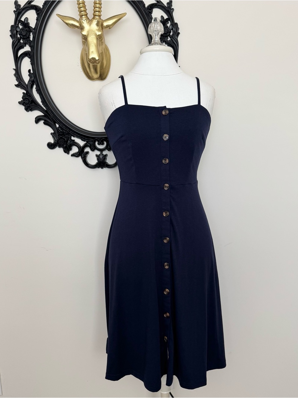 Berydress Classic Navy Button-Front Spaghetti Strap Dress